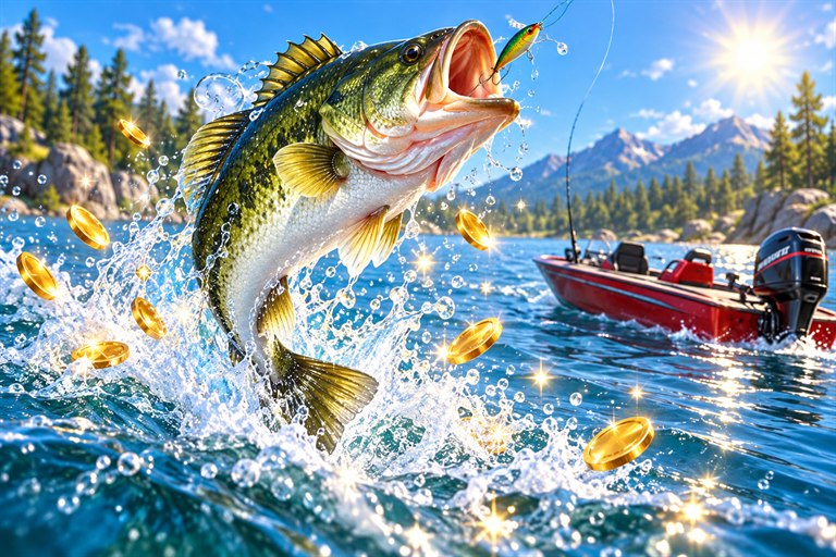 Springender Bassfisch auf einem sonnigen See