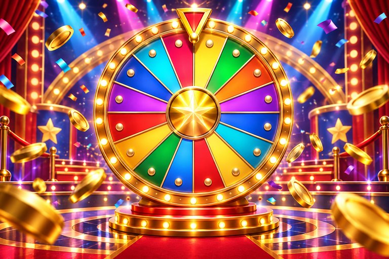 Buntes Game-Show-Glücksrad mit Konfetti