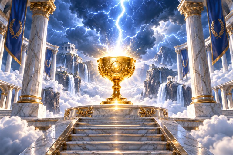 Goldener Kelch in einem Tempel über den Wolken
